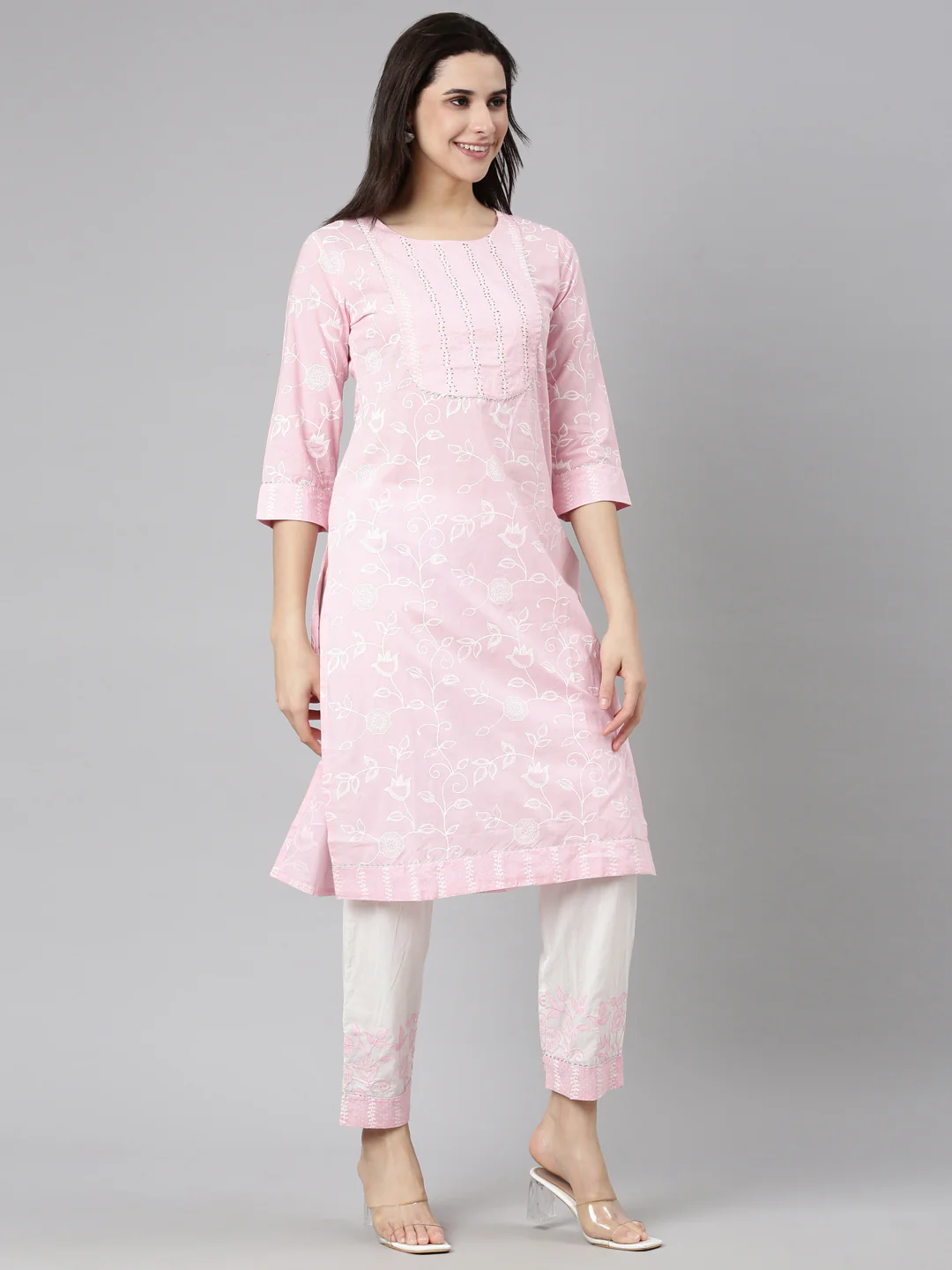 Neerus Pink Regular Straight Floral Kurta And Trousers With Dupatta - Image 2