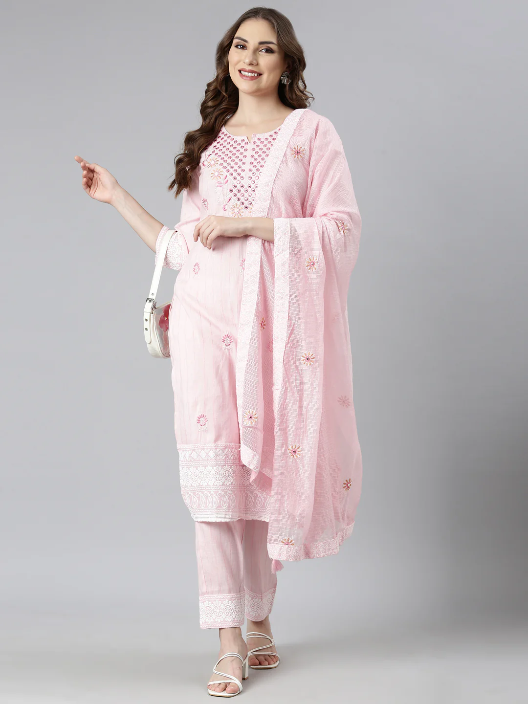 Neerus Pink Regular Straight Floral Kurta And Trousers With Dupatta - Image 5