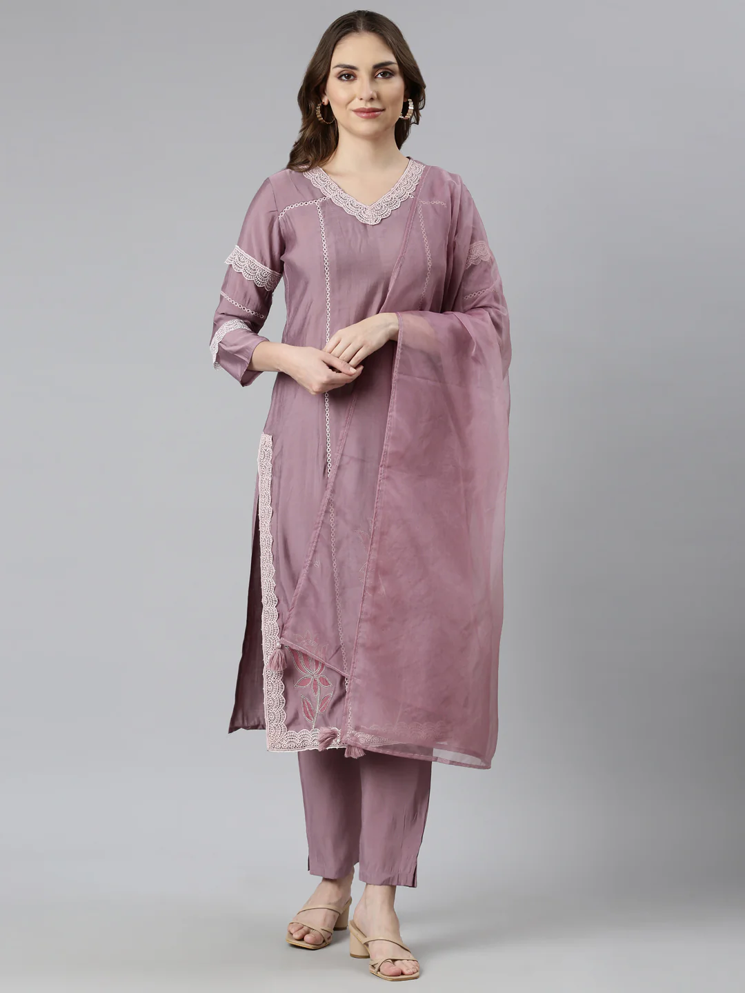 Neerus Pink Regular Straight Floral Kurta And Trousers With Dupatta