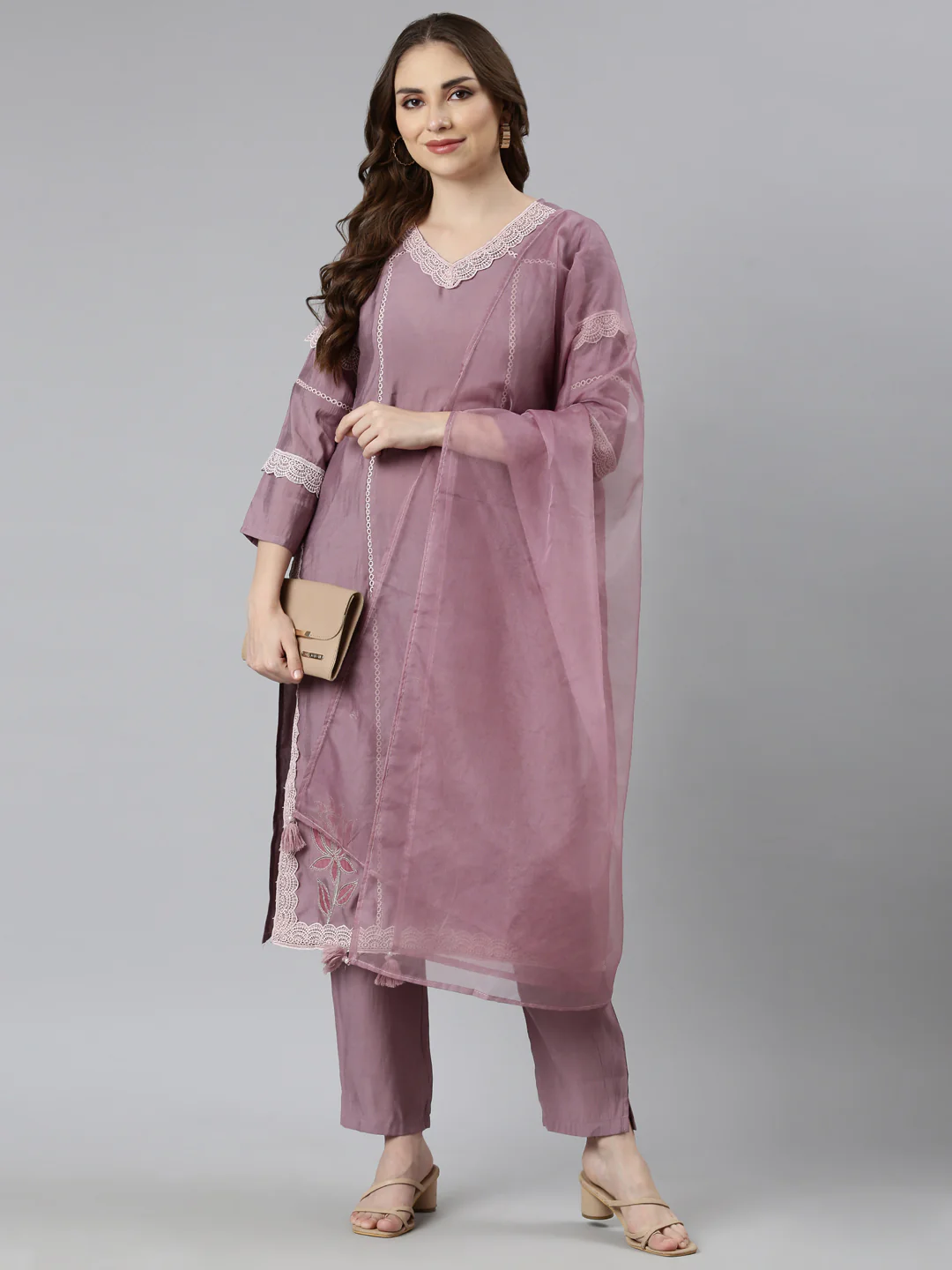 Neerus Pink Regular Straight Floral Kurta And Trousers With Dupatta - Image 5
