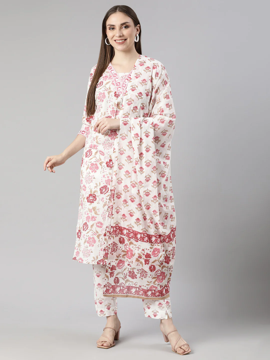 Neerus Pink Regular Straight Floral Kurta And Trousers With Dupatta - Image 4