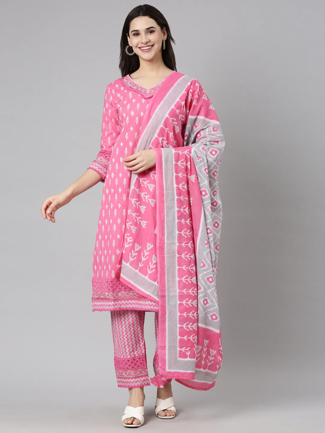 Neerus Pink Regular Straight Floral Kurta And Trousers With Dupatta