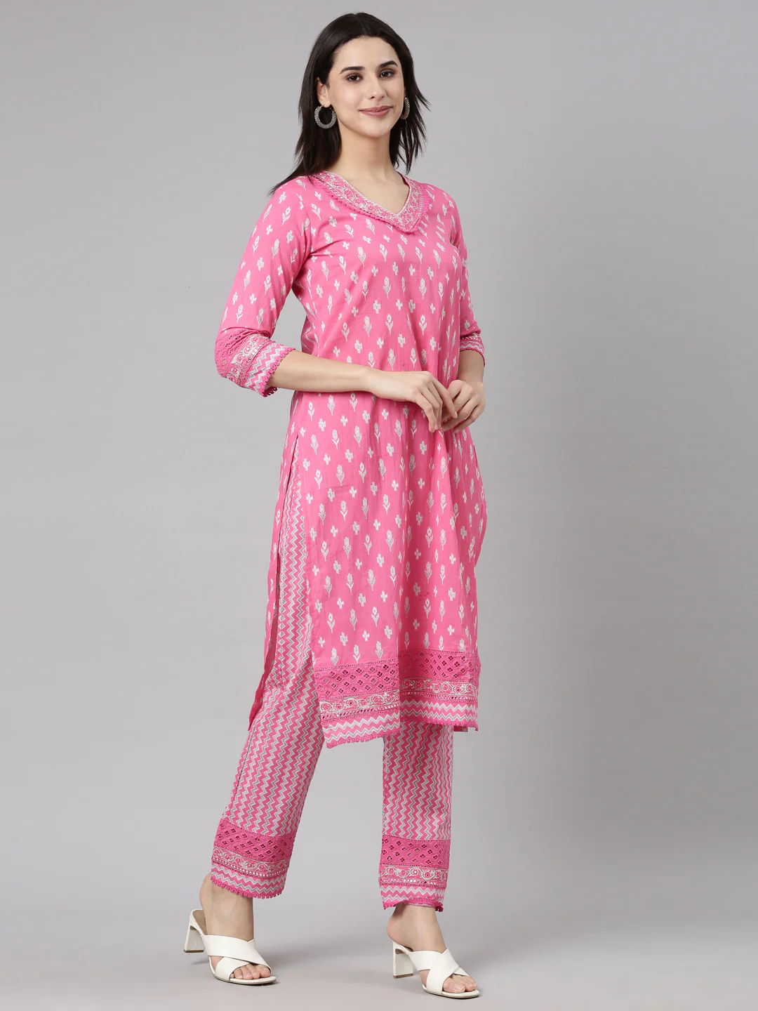 Neerus Pink Regular Straight Floral Kurta And Trousers With Dupatta - Image 2