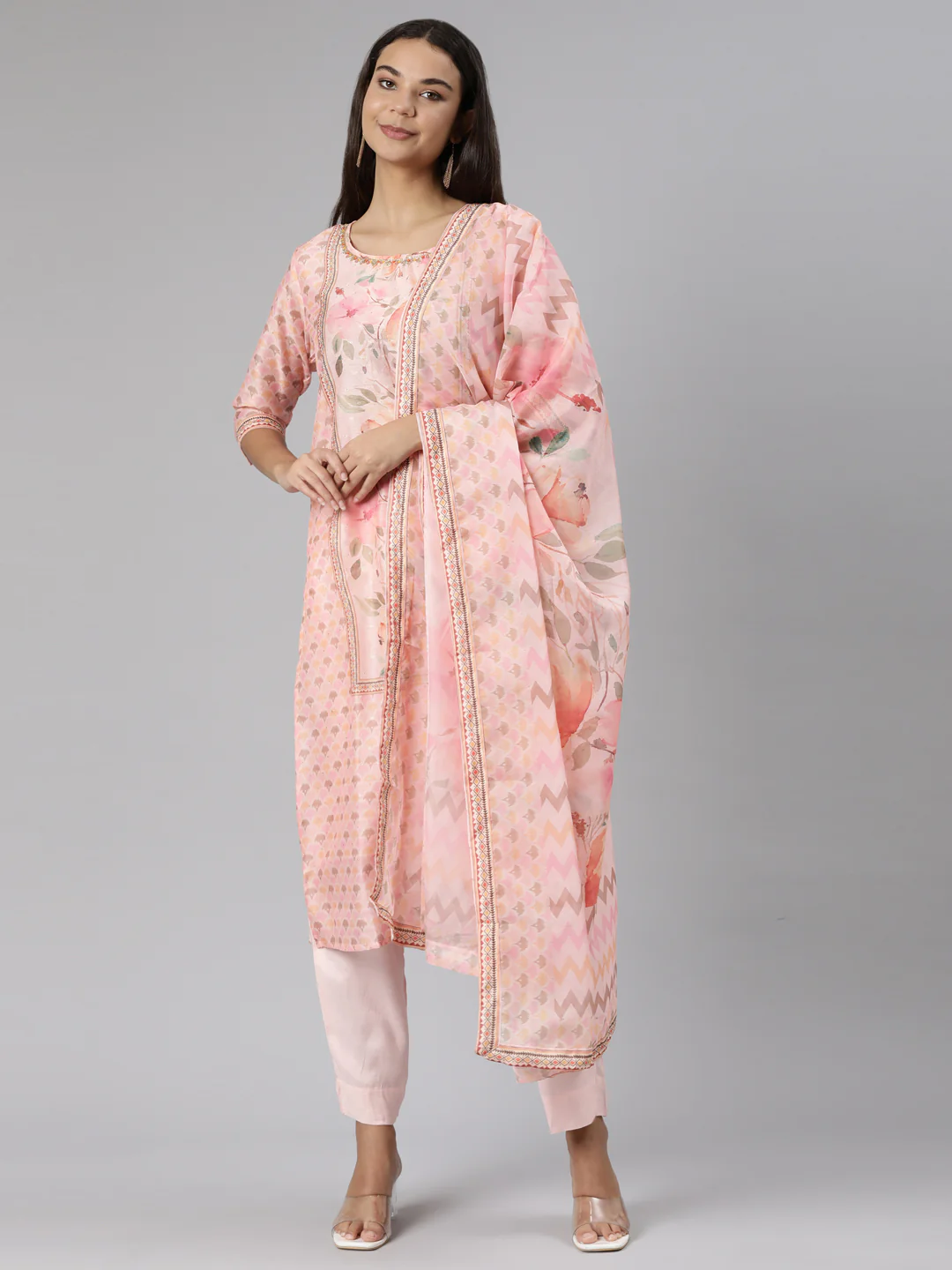 Neerus Pink Regular Straight Floral Kurta And Trousers With Dupatta