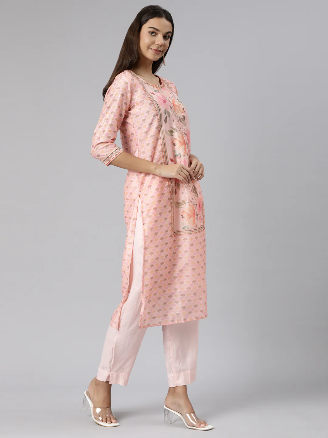 Neerus Pink Regular Straight Floral Kurta And Trousers With Dupatta - Image 2