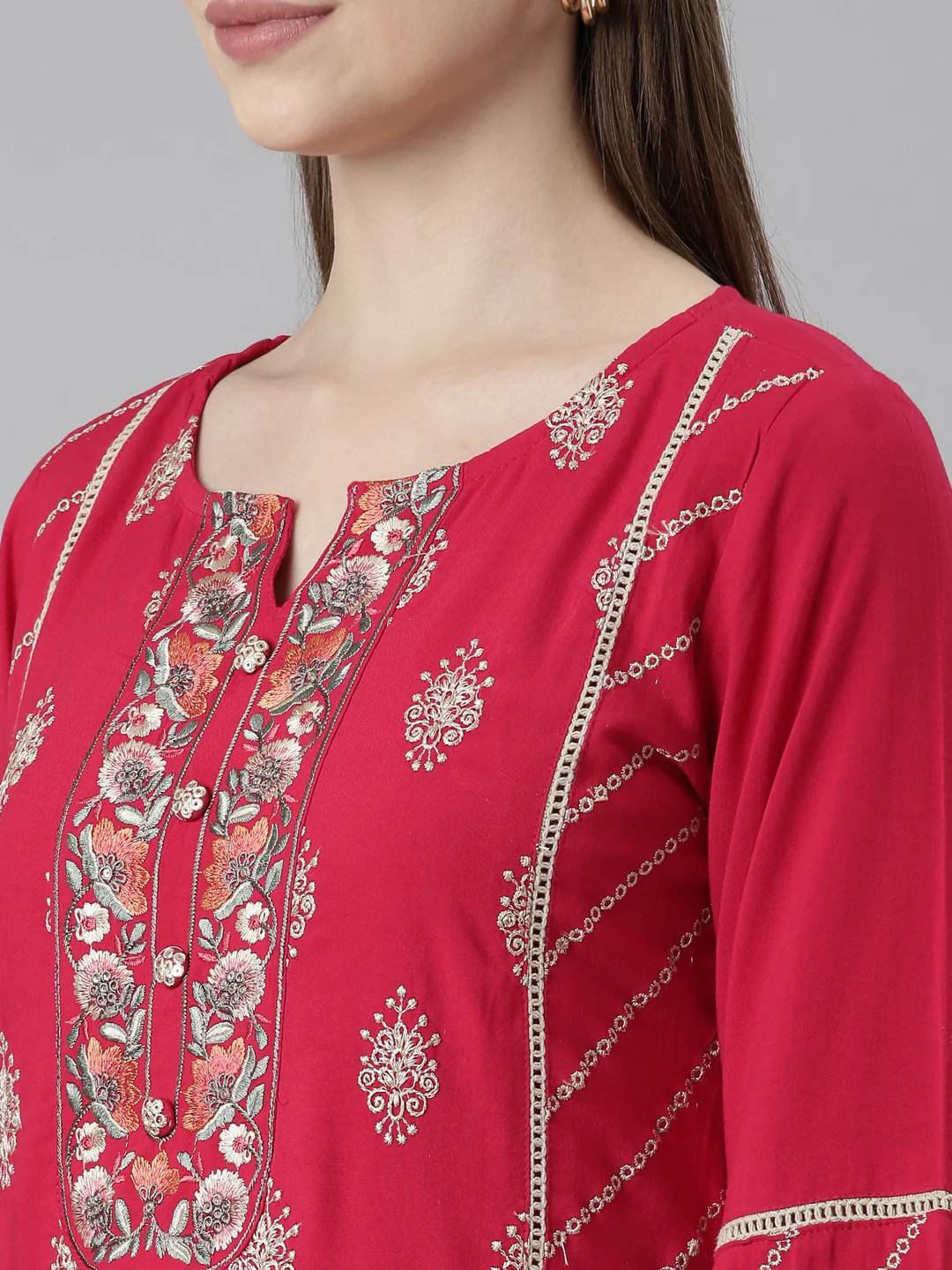 Neerus Pink Regular Straight Floral Kurta And Trousers With Dupatta - Image 4