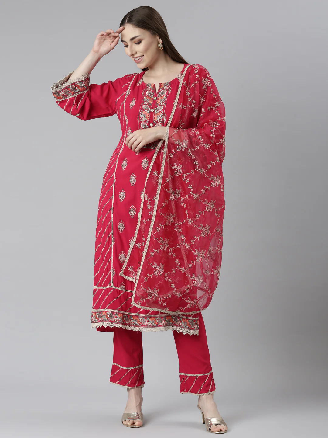 Neerus Pink Regular Straight Floral Kurta And Trousers With Dupatta - Image 5