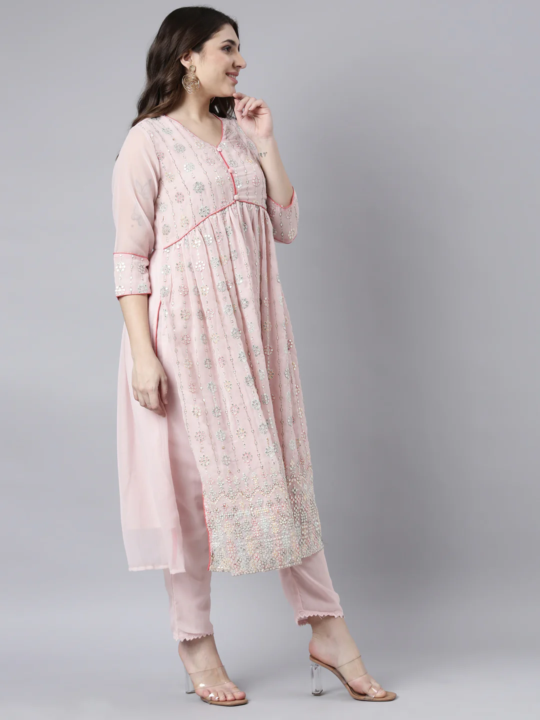 Neerus Pink Regular Straight Floral Kurta And Trousers With Dupatta - Image 5