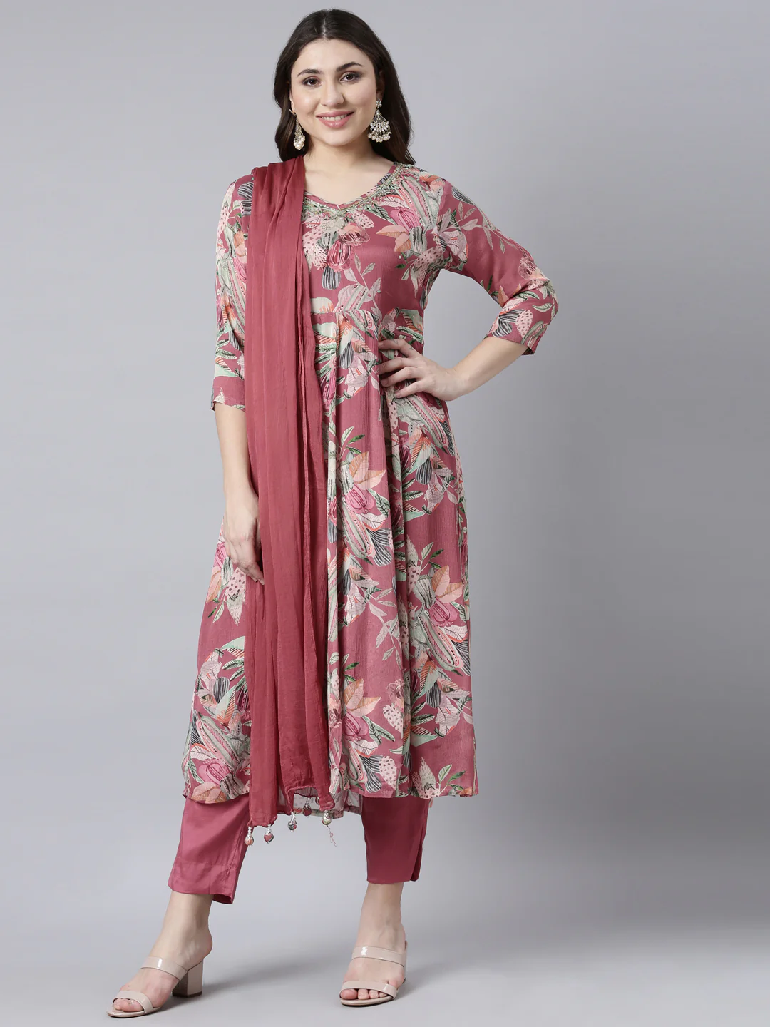 Neerus Pink Regular Straight Floral Kurta And Trousers With Dupatta