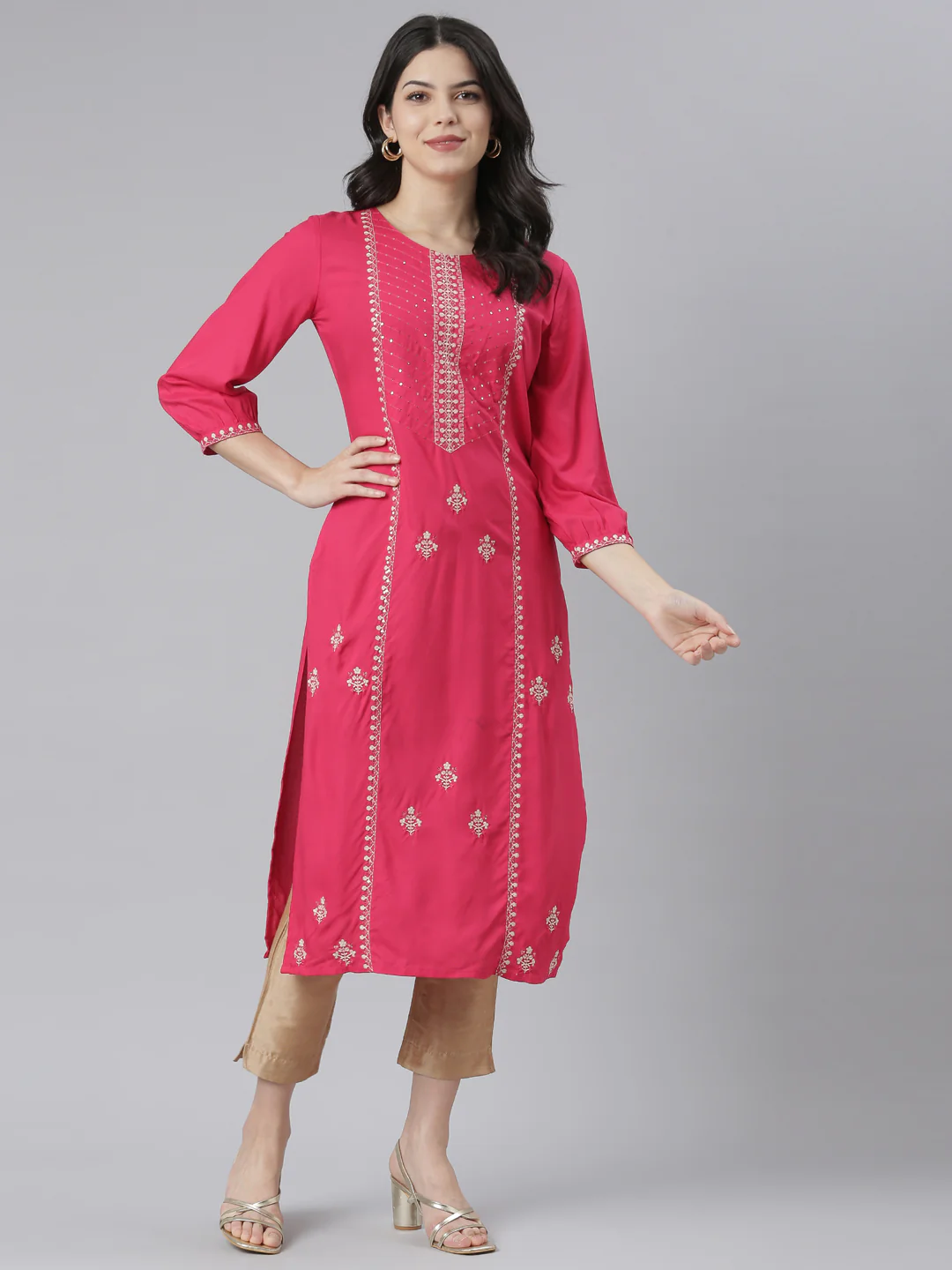 Neerus Pink Regular Straight Floral Kurta - Image 6