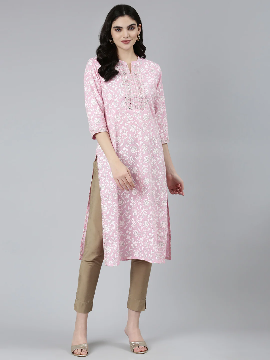 Neerus Pink Regular Straight Floral Kurta
