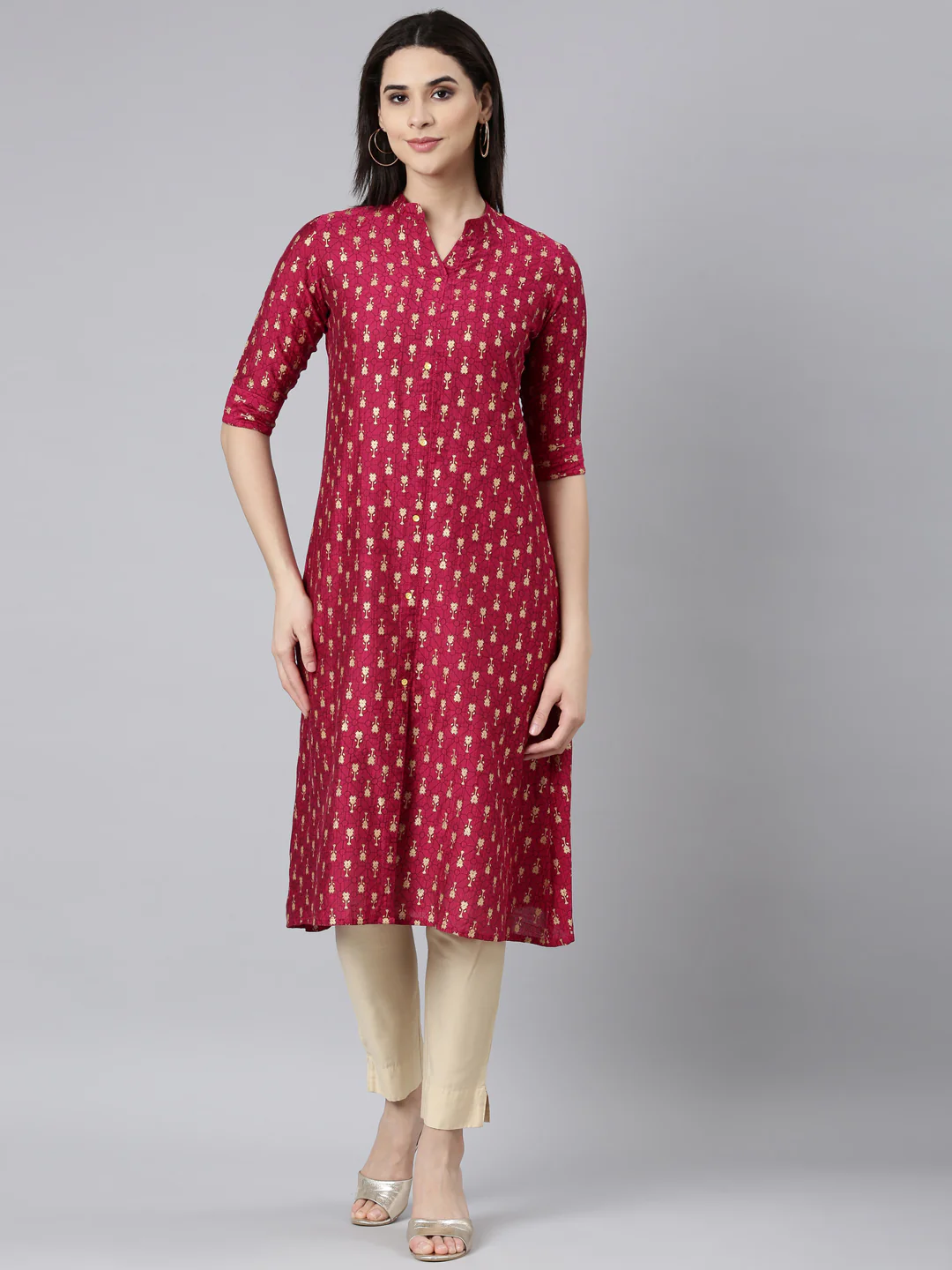 Neerus Pink Regular Straight Floral Kurta