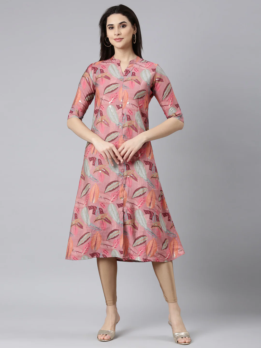 Neerus Pink Regular Straight Floral Kurta