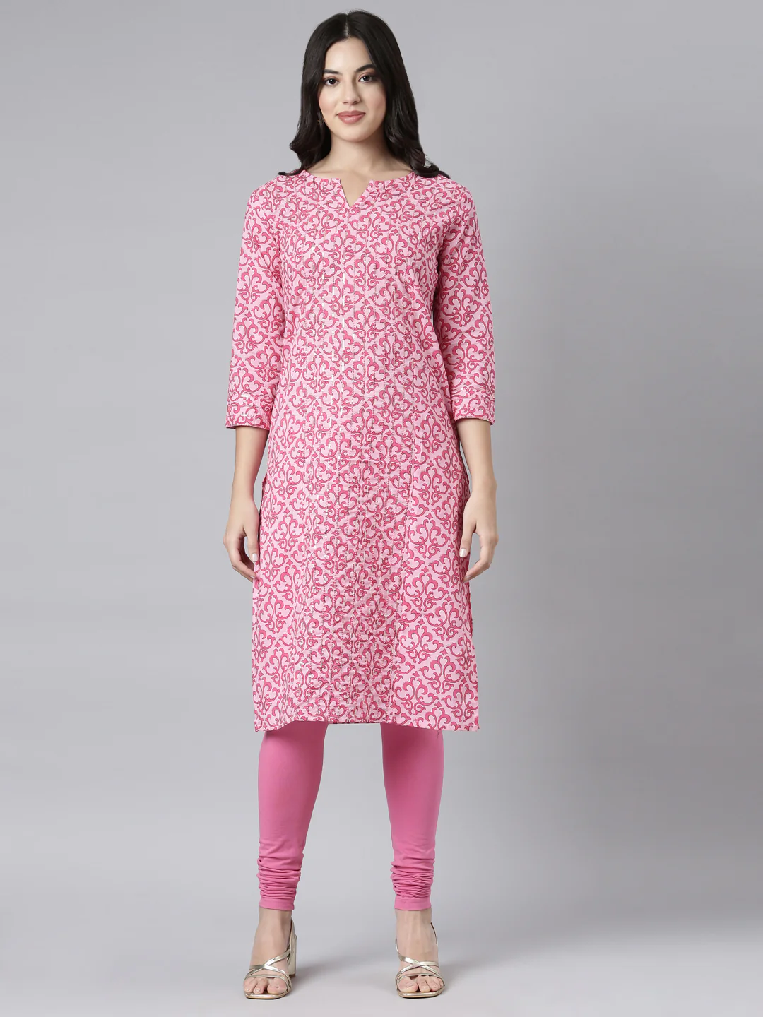 Neerus Pink Regular Straight Floral Kurta
