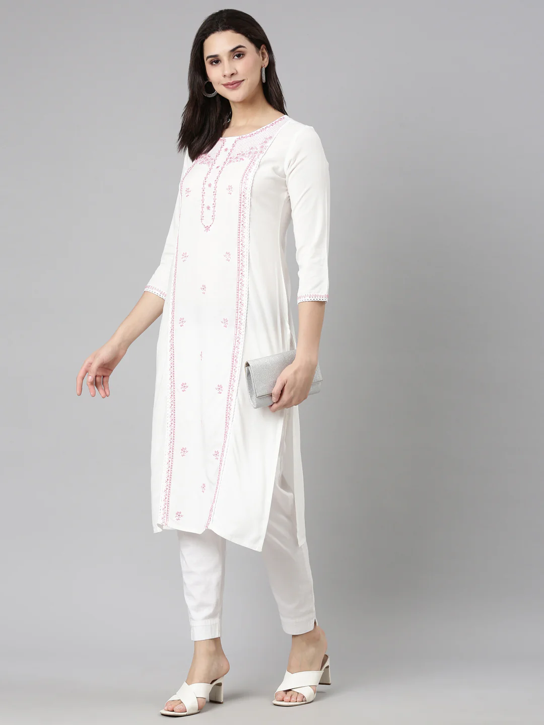 Neerus Pink Regular Straight Floral Kurta - Image 5