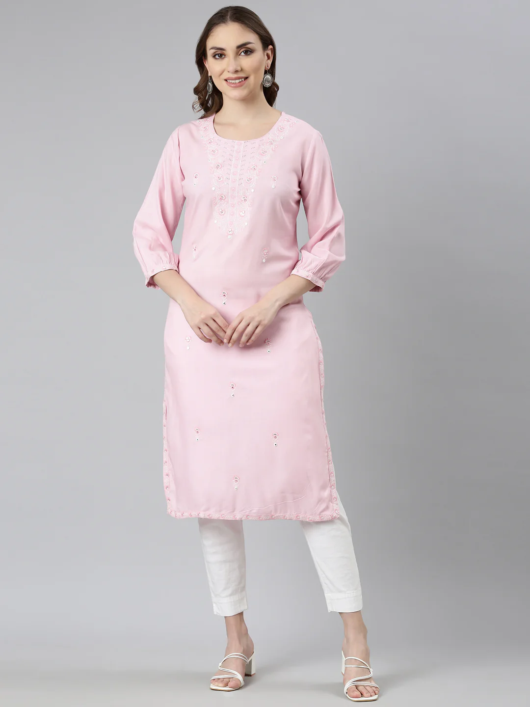 Neerus Pink Regular Straight Floral Kurta