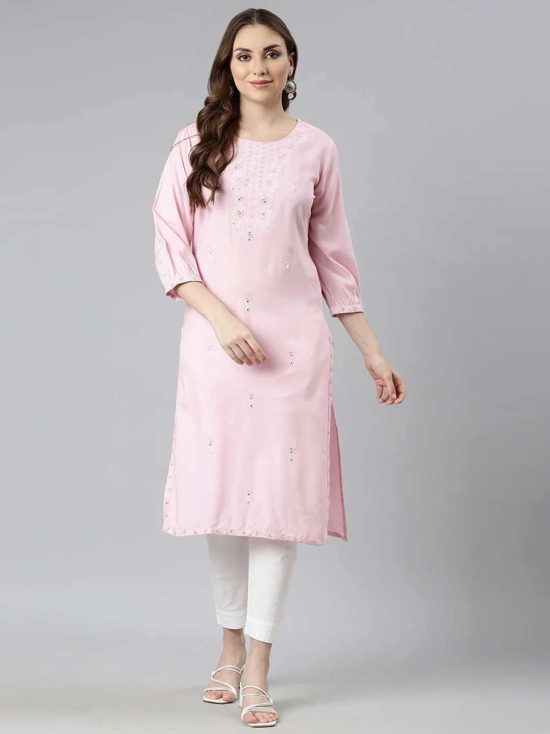 Neerus Pink Regular Straight Floral Kurta - Image 4