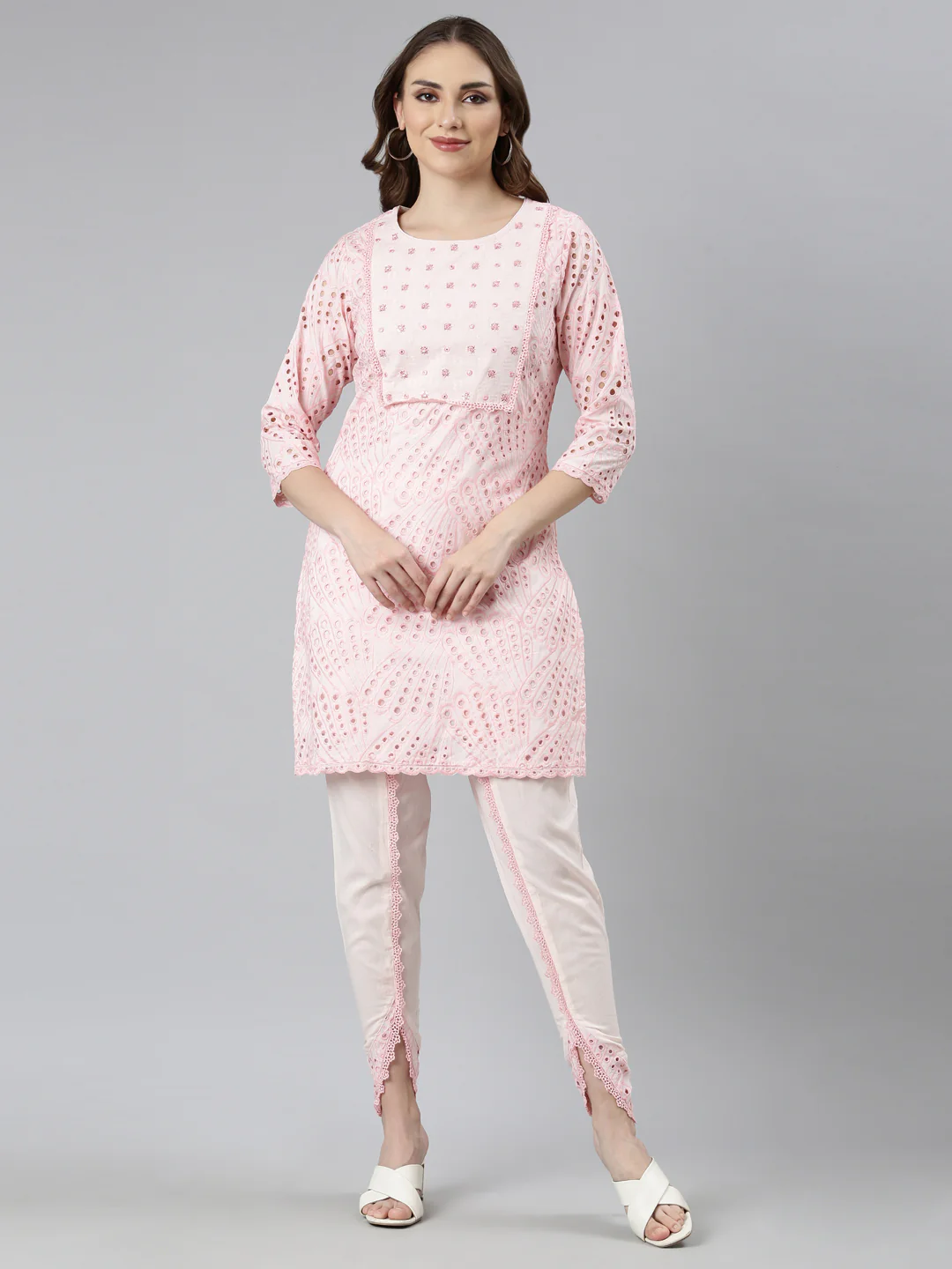 Neerus Pink Regular Straight Floral Kurti And Panchakattu
