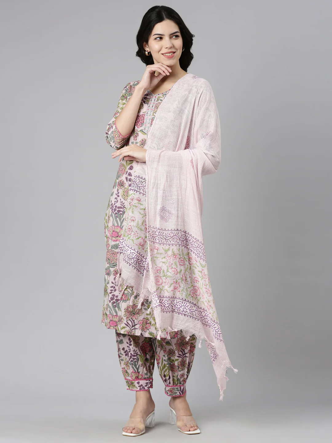 Neerus Pink Regular Straight Printed Kurta And Salwar With Dupatta