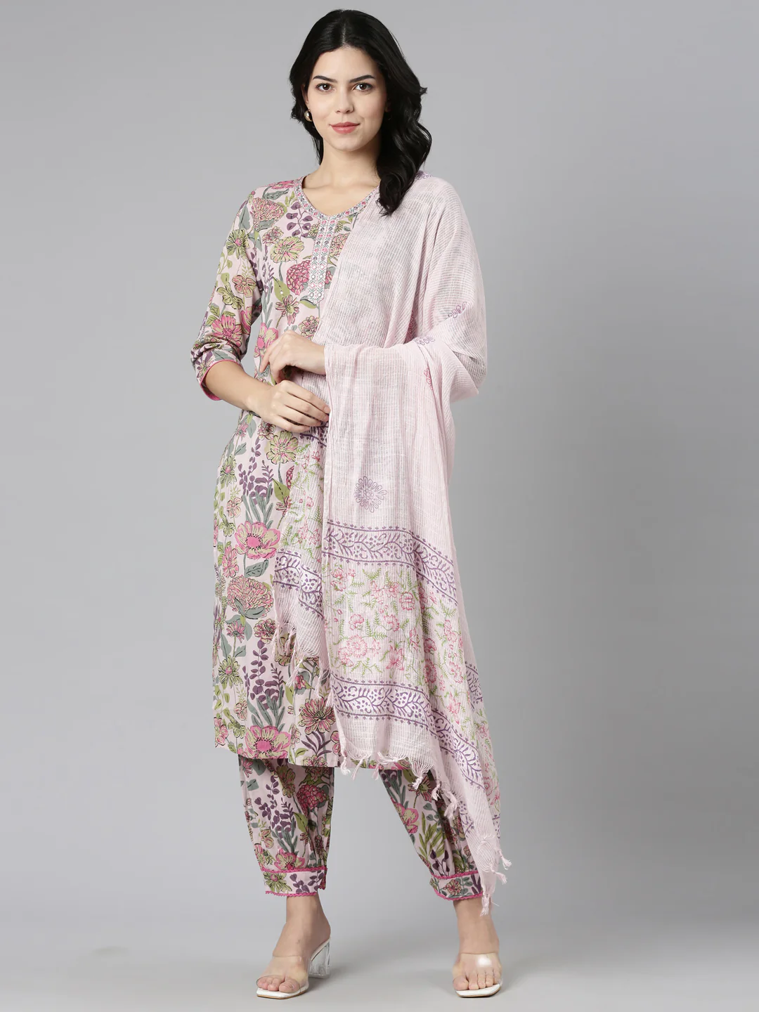 Neerus Pink Regular Straight Printed Kurta And Salwar With Dupatta - Image 5