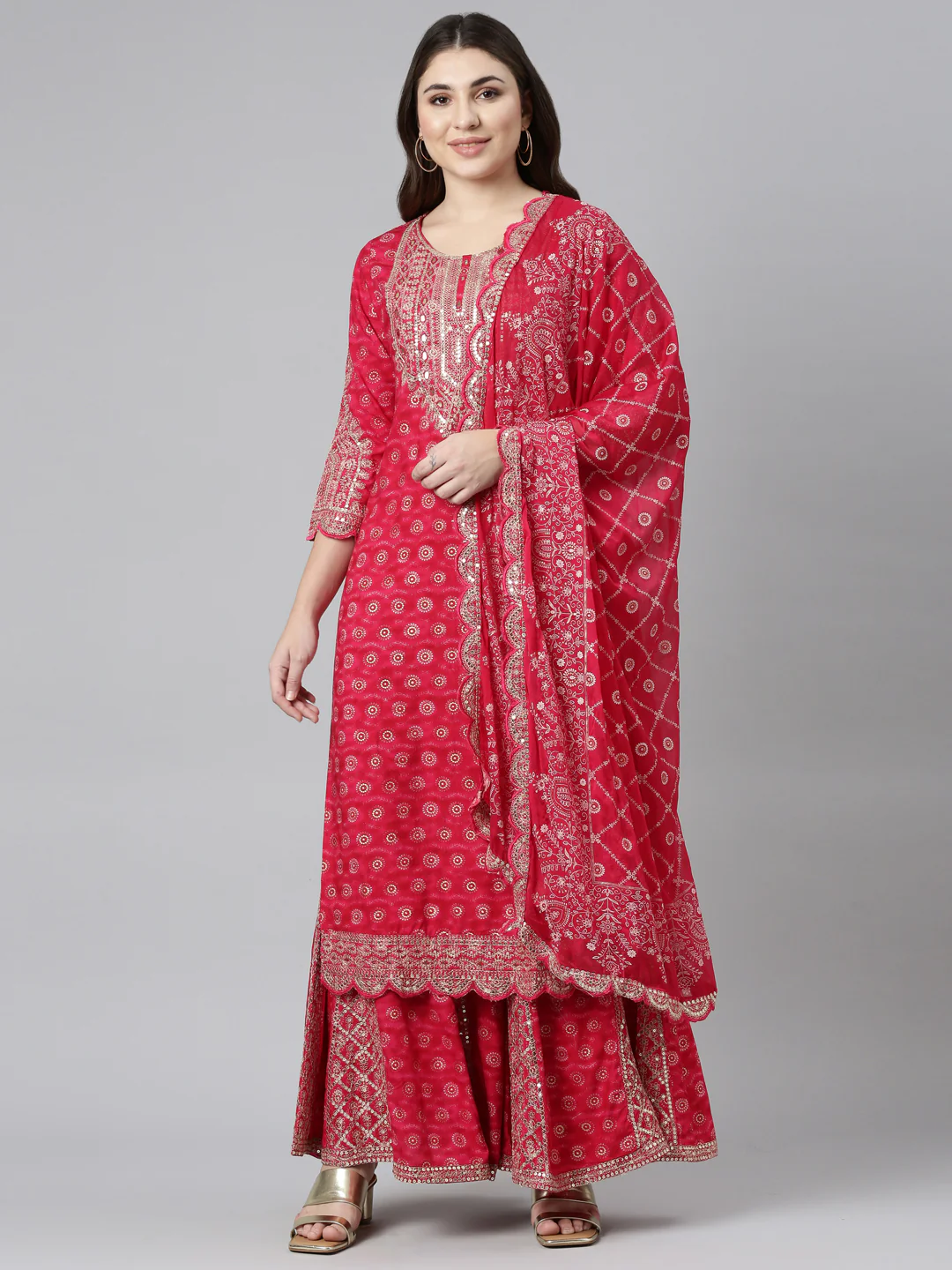 Neerus Pink Regular Straight Printed Kurta And Sharara With Dupatta