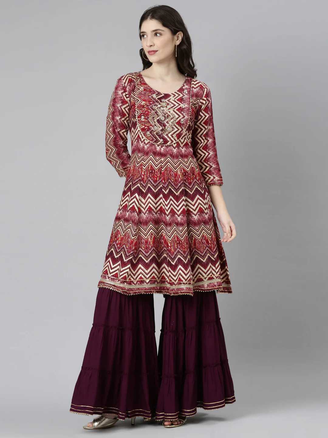Neerus Pink Regular Straight Printed Kurta And Sharara With Dupatta