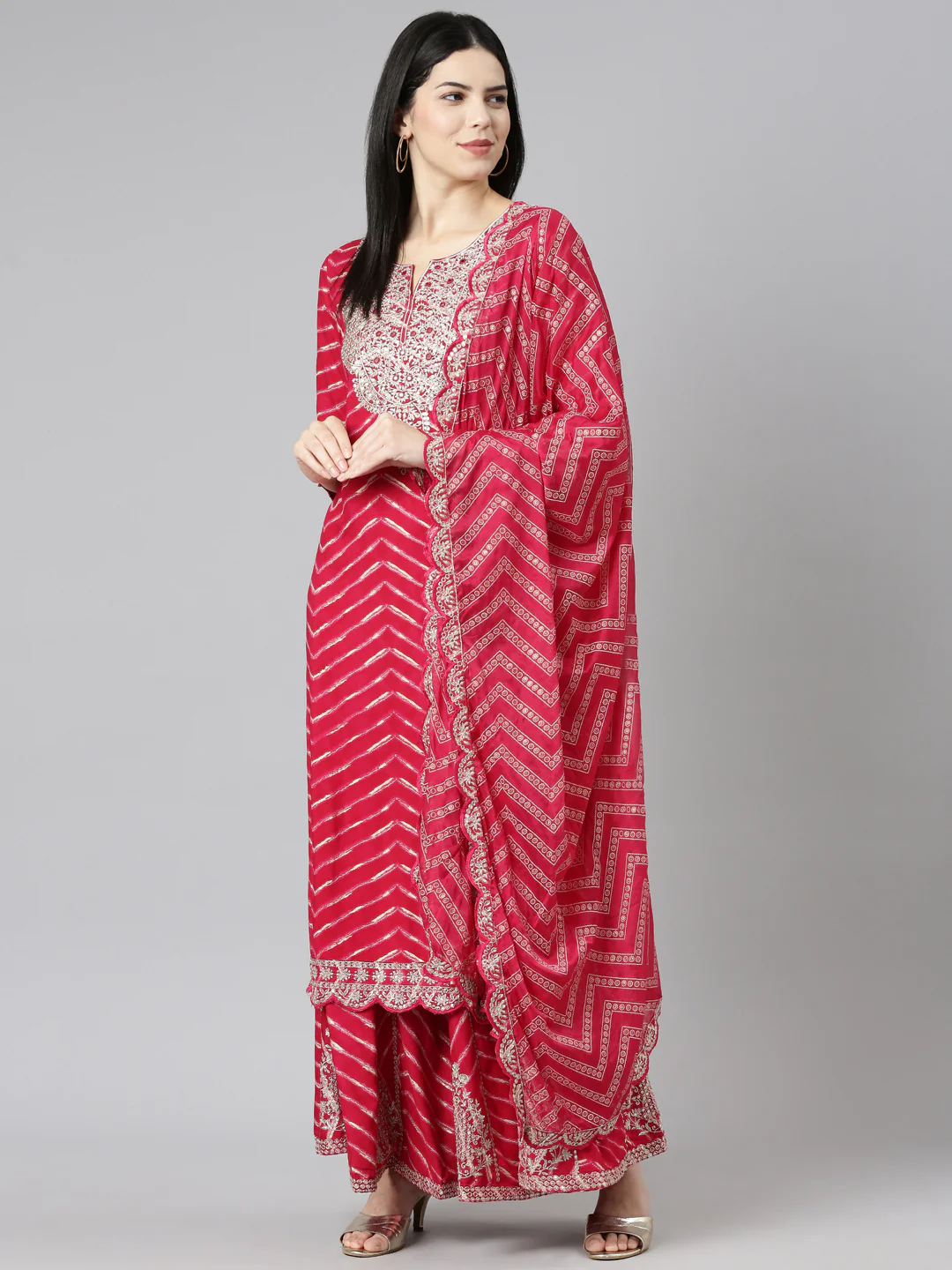 Neerus Pink Regular Straight Printed Kurta And Sharara With Dupatta - Image 5