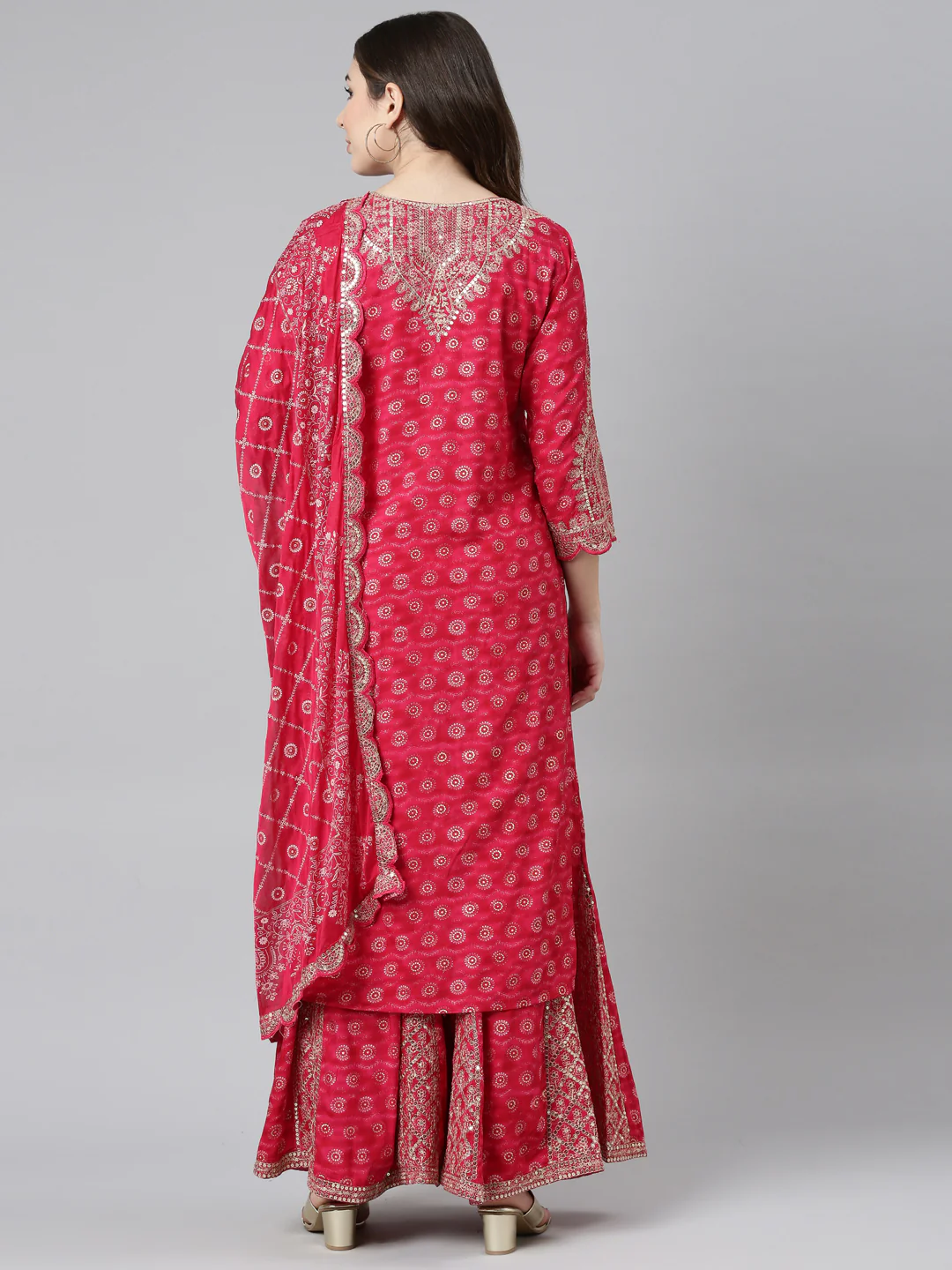 Neerus Pink Regular Straight Printed Kurta And Sharara With Dupatta - Image 3