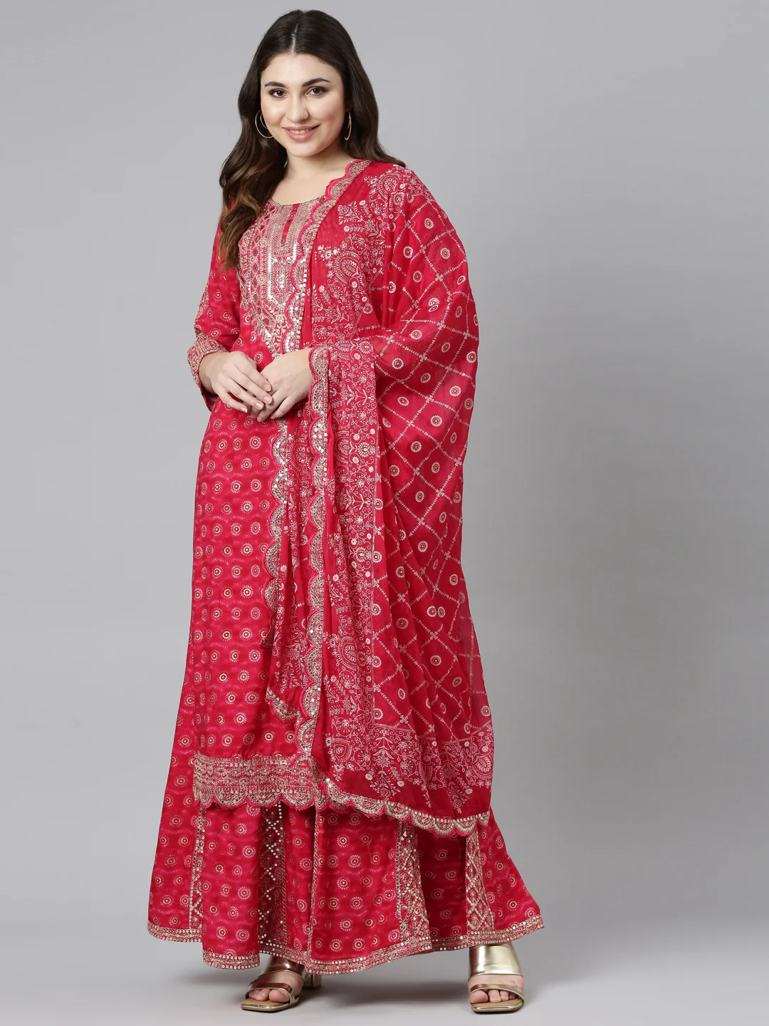 Neerus Pink Regular Straight Printed Kurta And Sharara With Dupatta - Image 5
