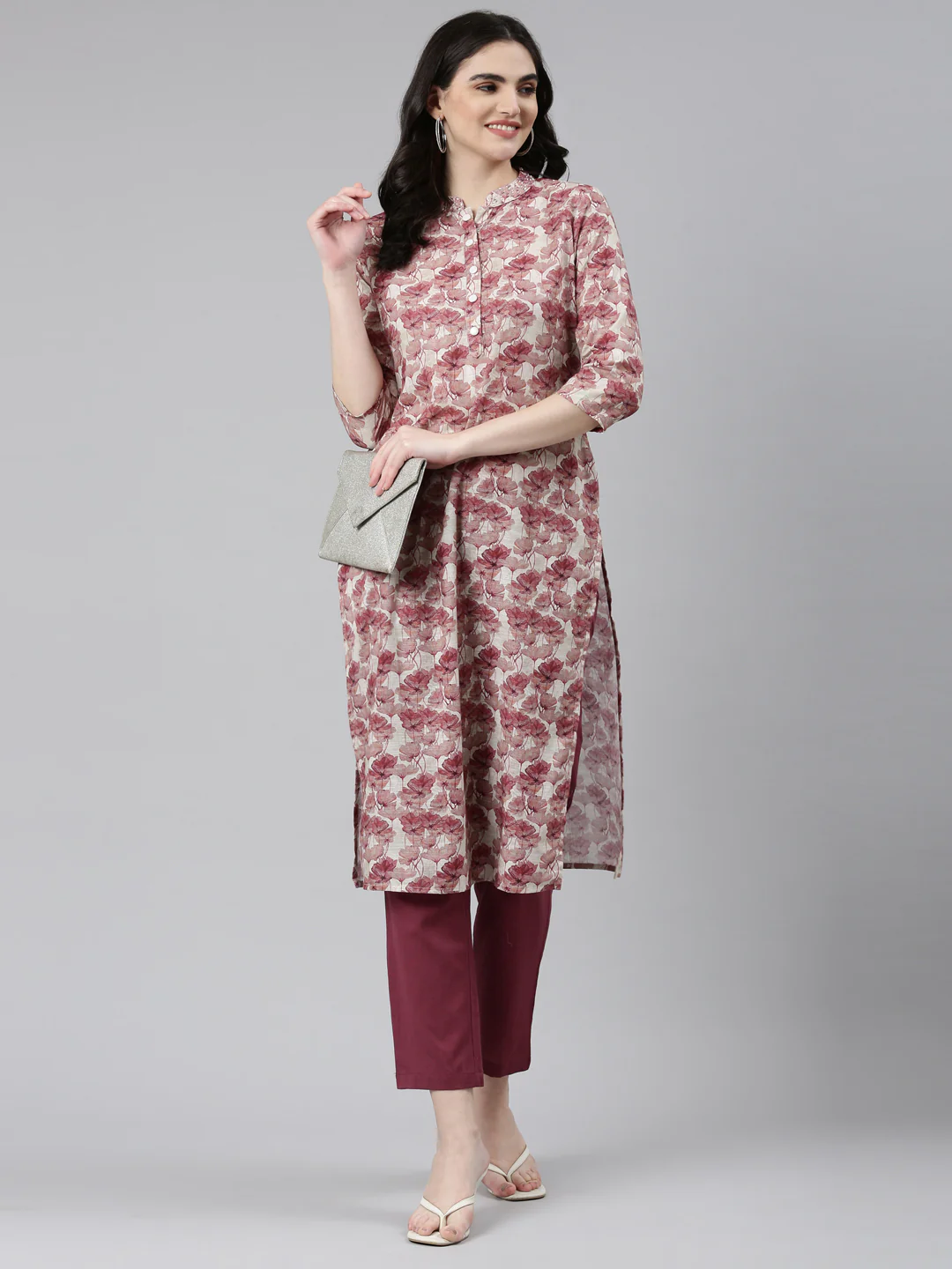 Neerus Pink Regular Straight Printed Kurta And Trousers - Image 5