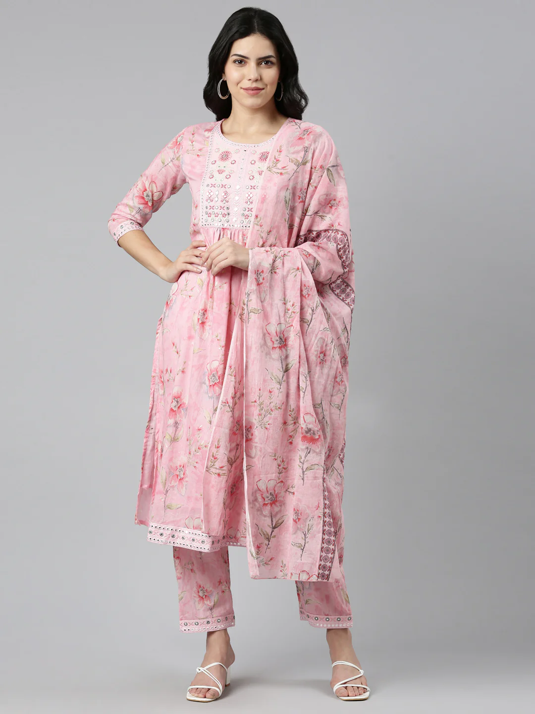 Neerus Pink Regular Straight Printed Kurta And Trousers With Dupatta