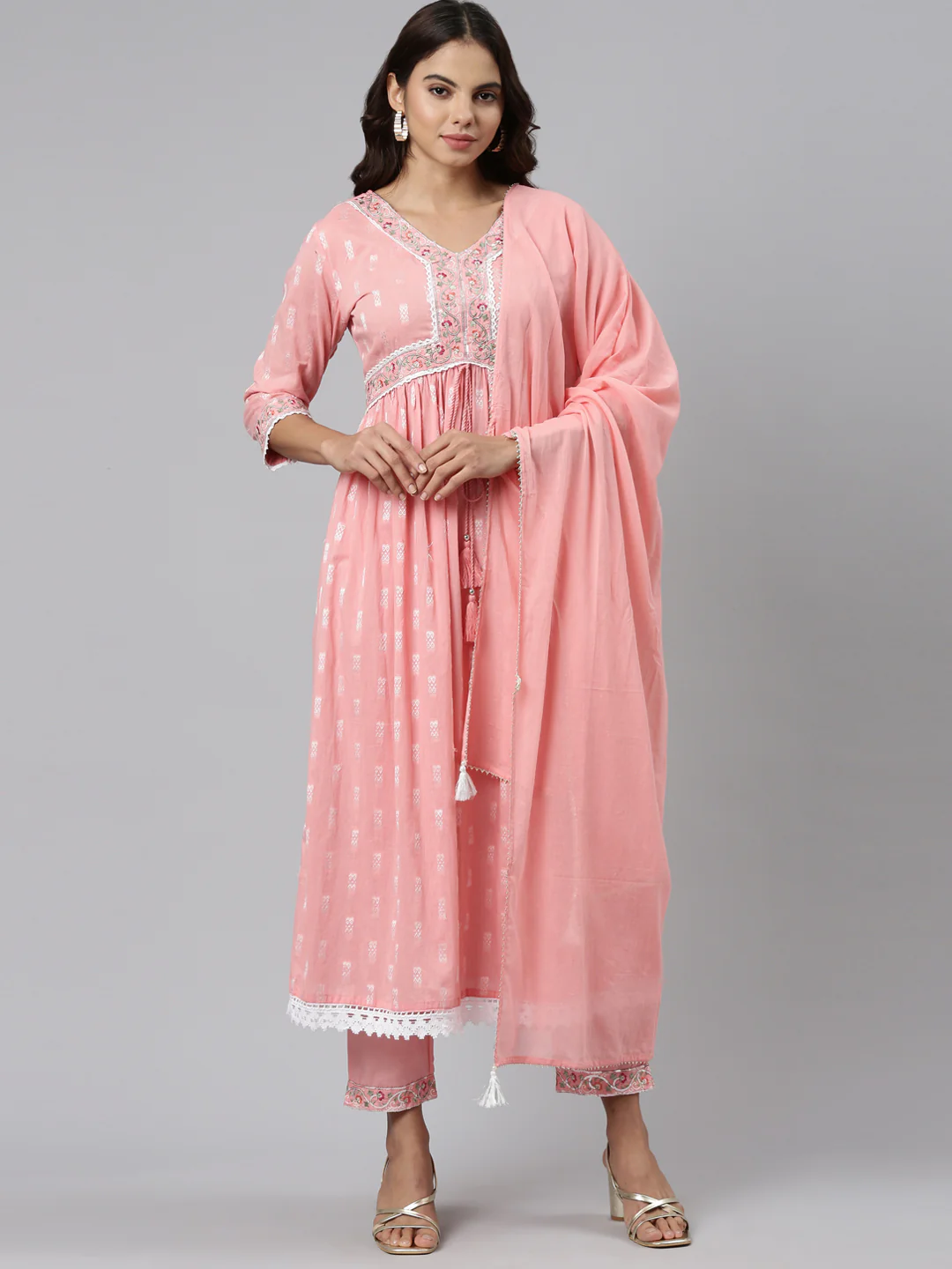 Neerus Pink Regular Straight Printed Kurta And Trousers With Dupatta