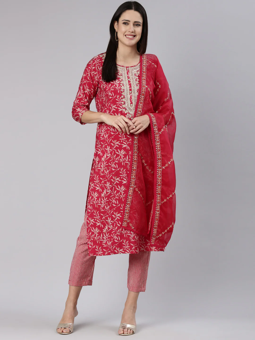 Neerus Pink Regular Straight Printed Kurta And Trousers With Dupatta