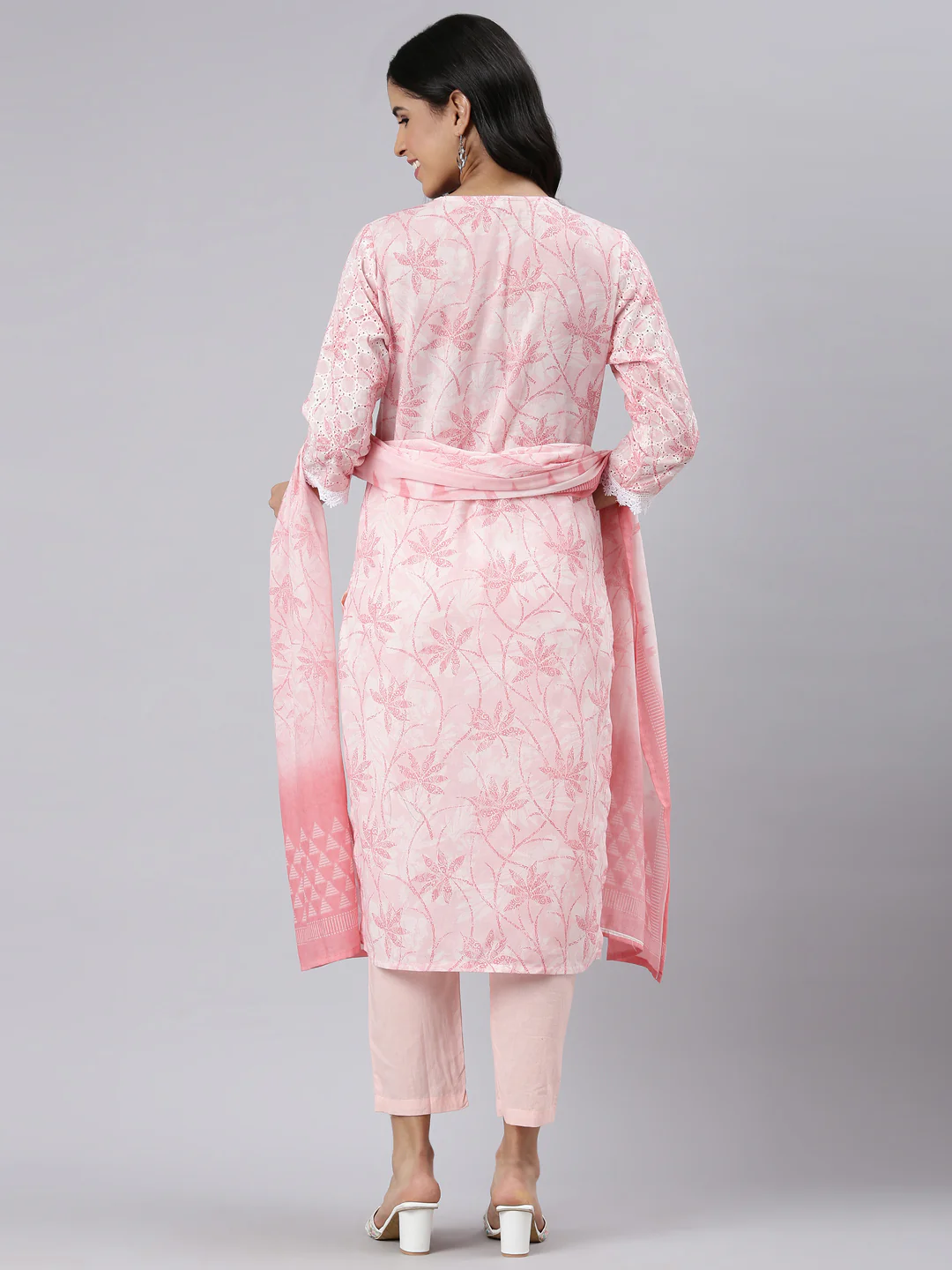 Neerus Pink Regular Straight Printed Kurta and Trousers With Dupatta - Image 3