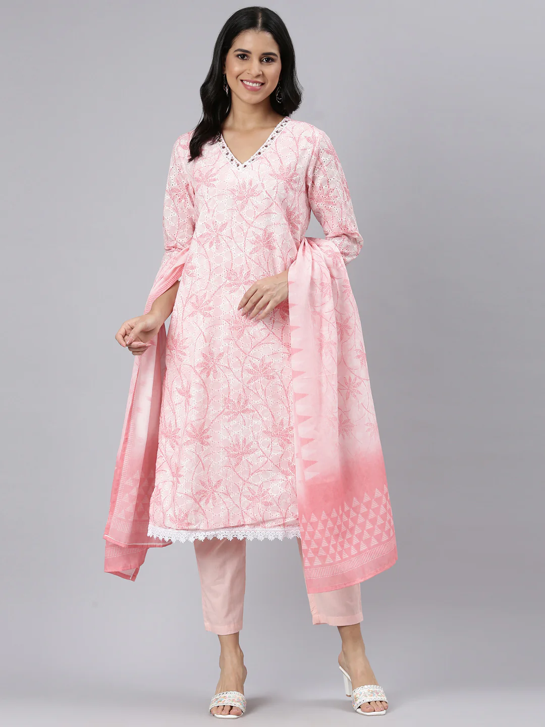 Neerus Pink Regular Straight Printed Kurta and Trousers With Dupatta - Image 5