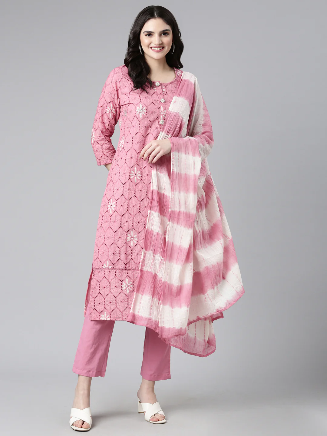 Neerus Pink Regular Straight Printed Kurta And Trousers With Dupatta - Image 5
