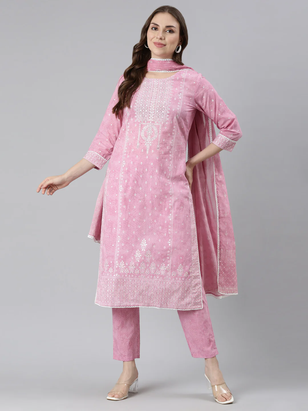 Neerus Pink Regular Straight Printed Kurta and Trousers With Dupatta - Image 5