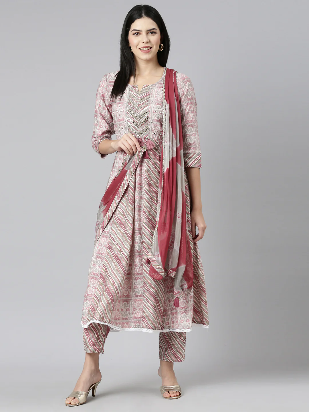 Neerus Pink Regular Straight Printed Kurta And Trousers With Dupatta - Image 5
