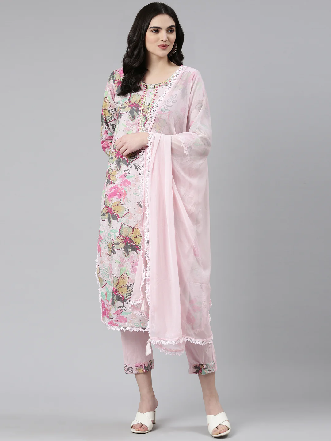 Neerus Pink Regular Straight Printed Kurta And Trousers With Dupatta - Image 5