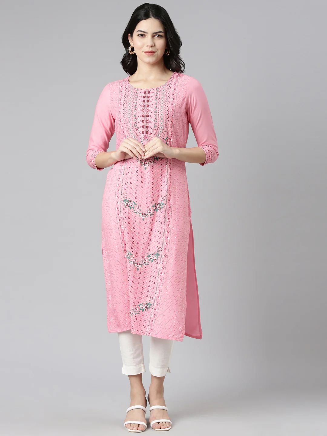 Neerus Pink Regular Straight Printed Kurta
