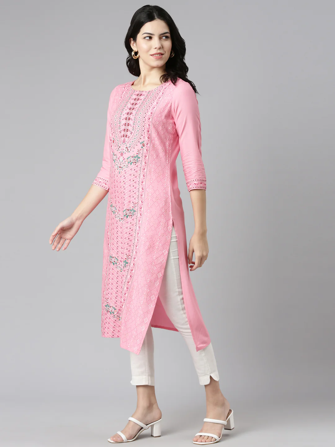 Neerus Pink Regular Straight Printed Kurta - Image 2