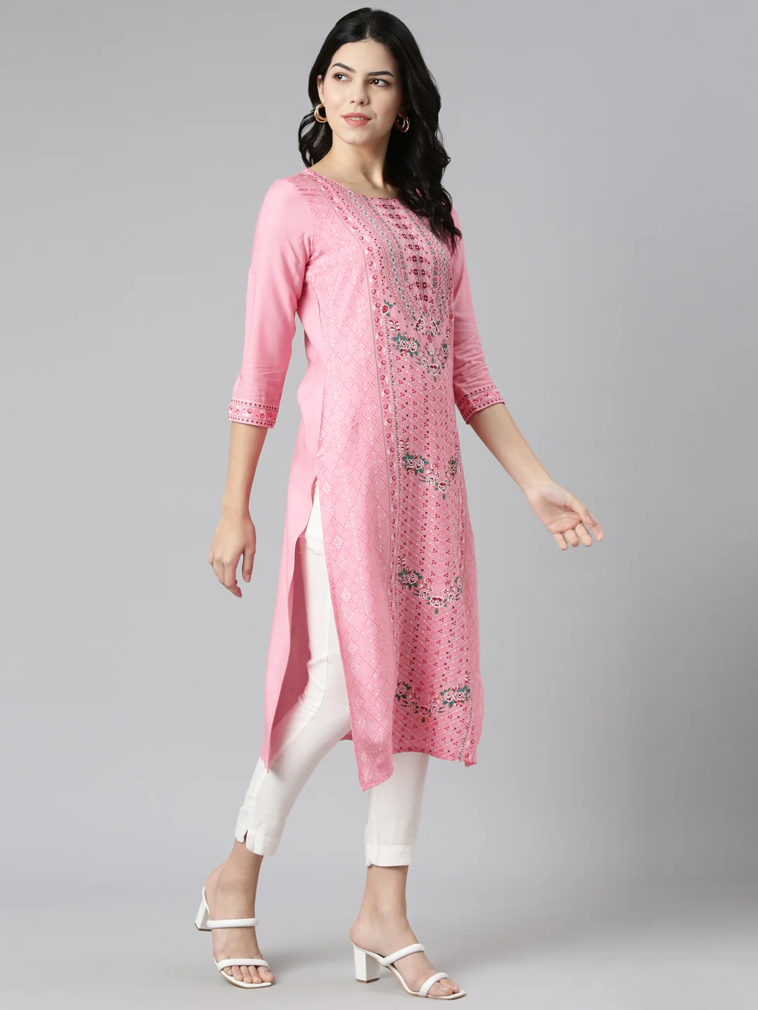 Neerus Pink Regular Straight Printed Kurta - Image 5