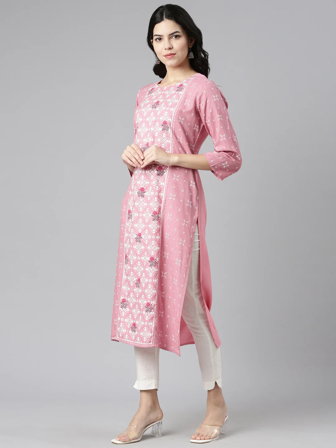 Neerus Pink Regular Straight Printed Kurta - Image 2