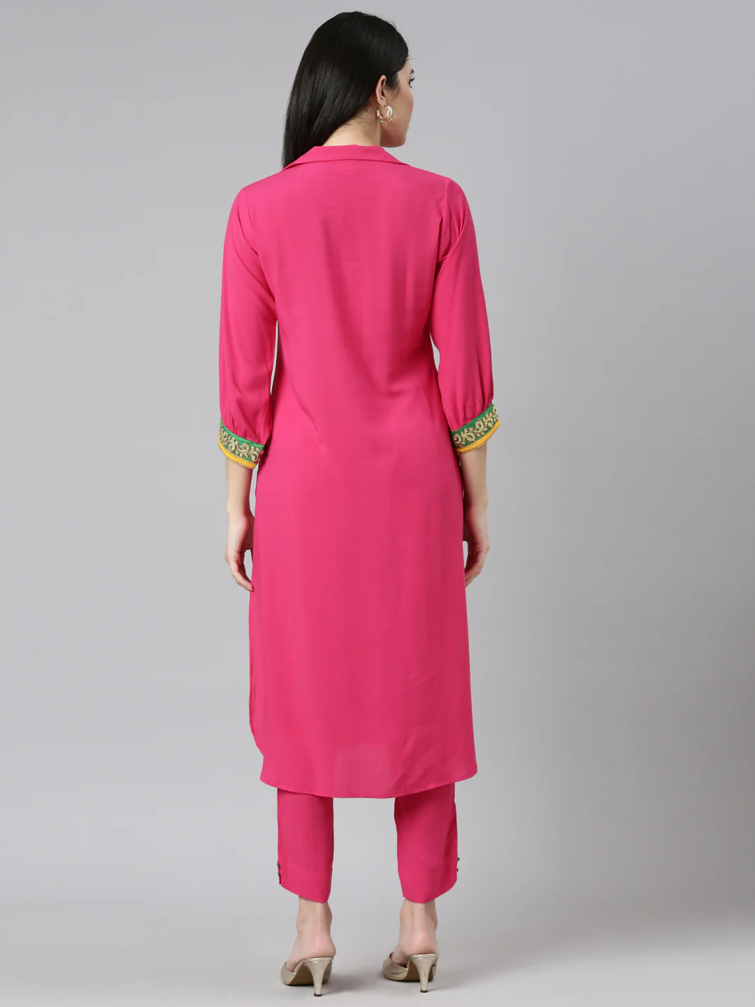 Neerus Pink Regular Straight Solid Kurta And Trousers - Image 3