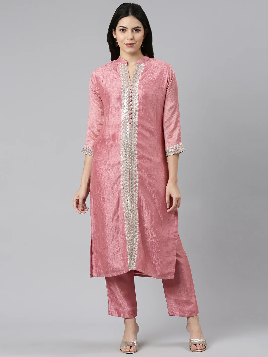 Neerus Pink Regular Straight Solid Kurta And Trousers