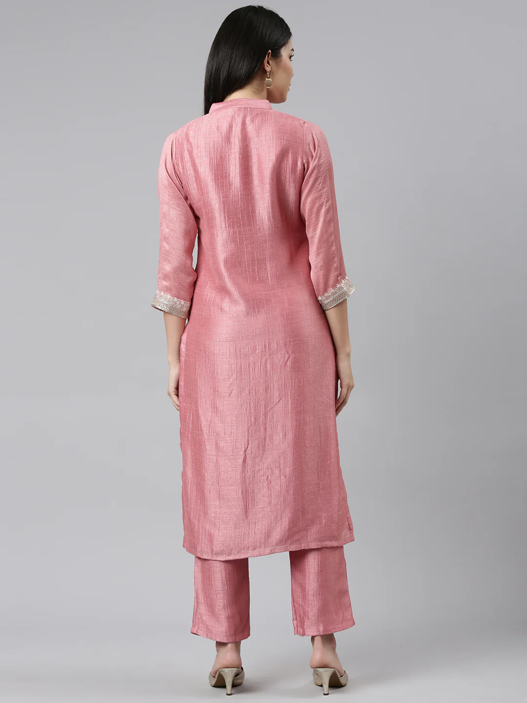 Neerus Pink Regular Straight Solid Kurta And Trousers - Image 3