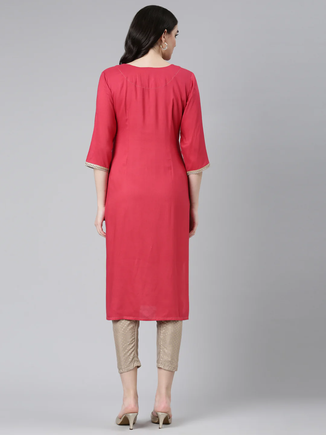 Neerus Pink Regular Straight Solid Kurta And Trousers - Image 3