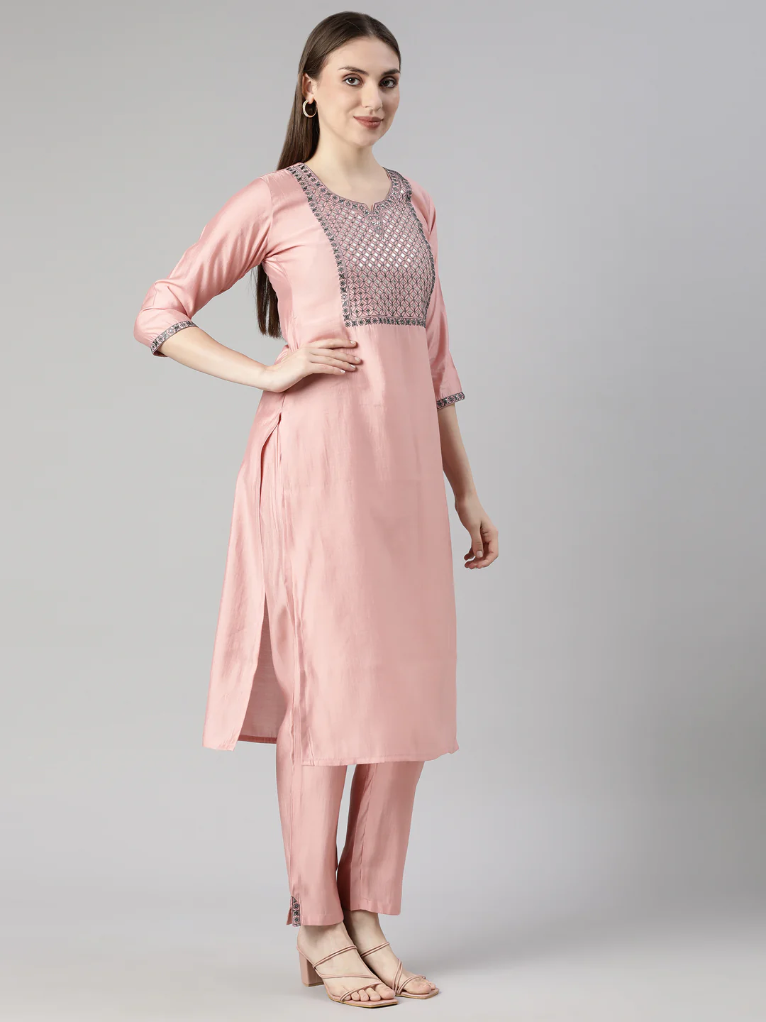 Neerus Pink Regular Straight Solid Kurta And  Trousers - Image 2