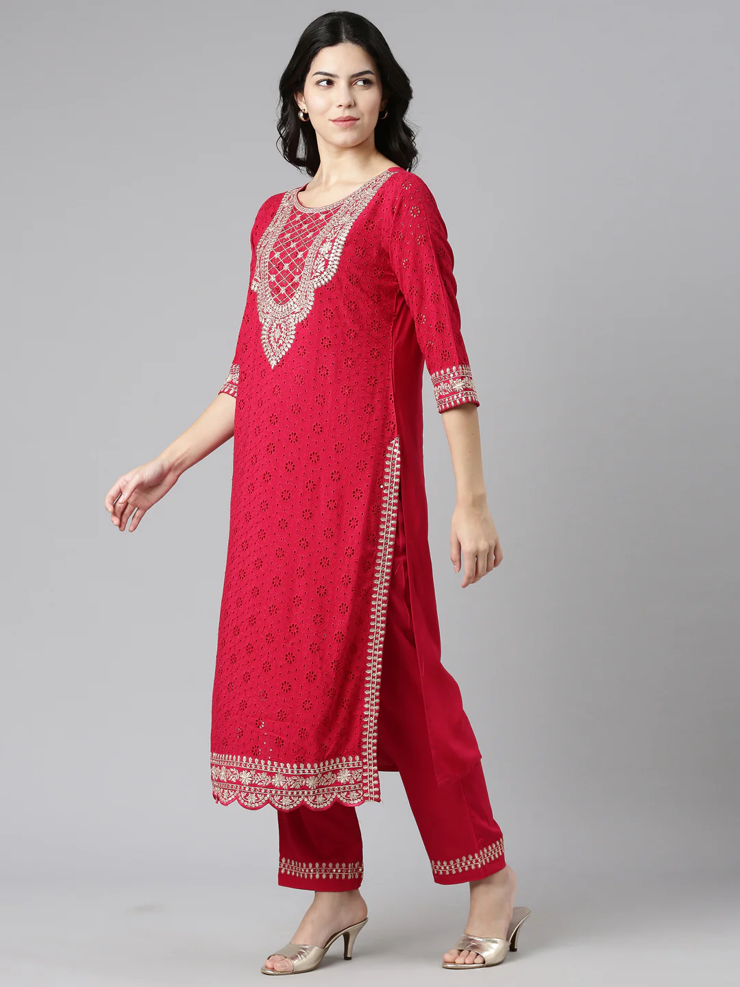 Neerus Pink Regular Straight Solid Kurta And Trousers With Dupatta - Image 2