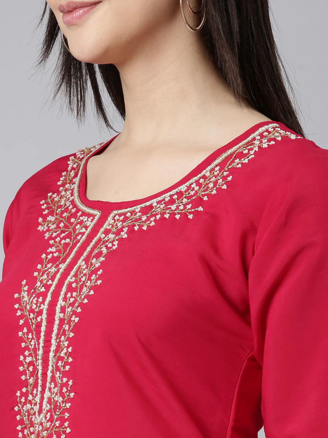 Neerus Pink Regular Straight Solid Kurta And Trousers With Dupatta - Image 4
